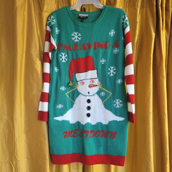 Ugly Christmas Sweater Snowman Meltdown Green Tunic Dress Allison Brittney M - Picture 2 of 4
